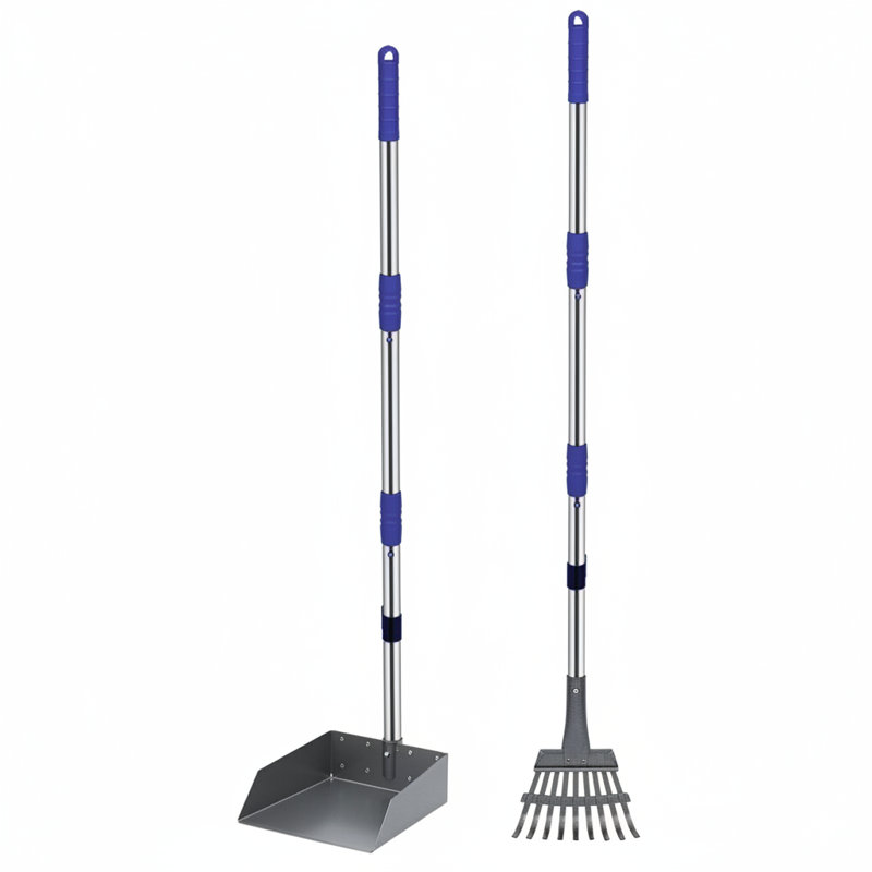 Dog Pooper Scooper With Tray & Rake – Adjustable Long Stainless Steel Handle, Easy Pet Waste Removal, Blue