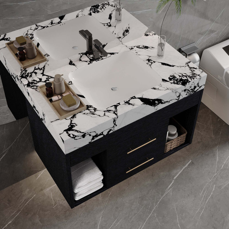 Ensemble de meuble-lavabo flottant 29,9 po avec évier encastré en céramique, Noir, Blanc noir