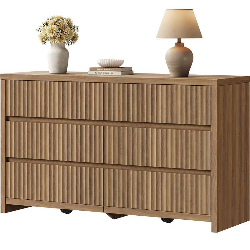 Allete 55.2"W Modern Fluted Panel 6-Drawer Dresser, Caramel Oak