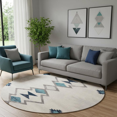 Tapis rond abstrait bleu et brun 8 pi x 8 pi beige
