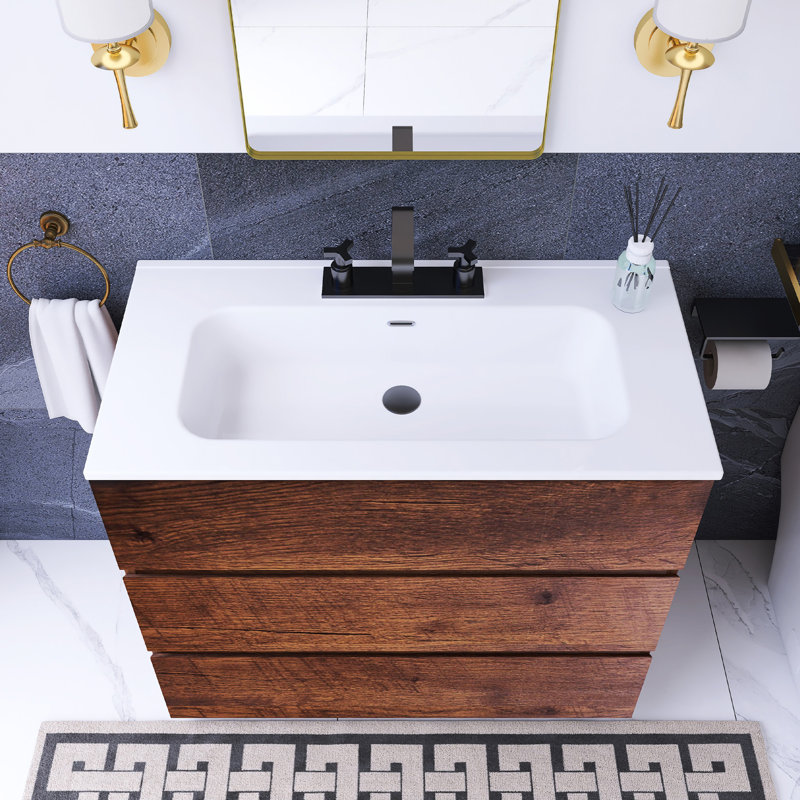 36 po W Meuble-lavabo simple avec lavabo et 3 trous de robinet, Noyer