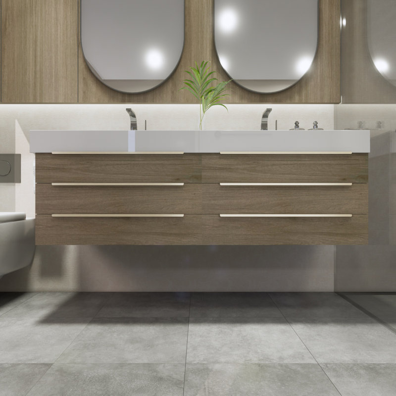 Meuble-lavabo autoportant double en acrylique renforcé 30 po + 30 po Noble, Chêne clair