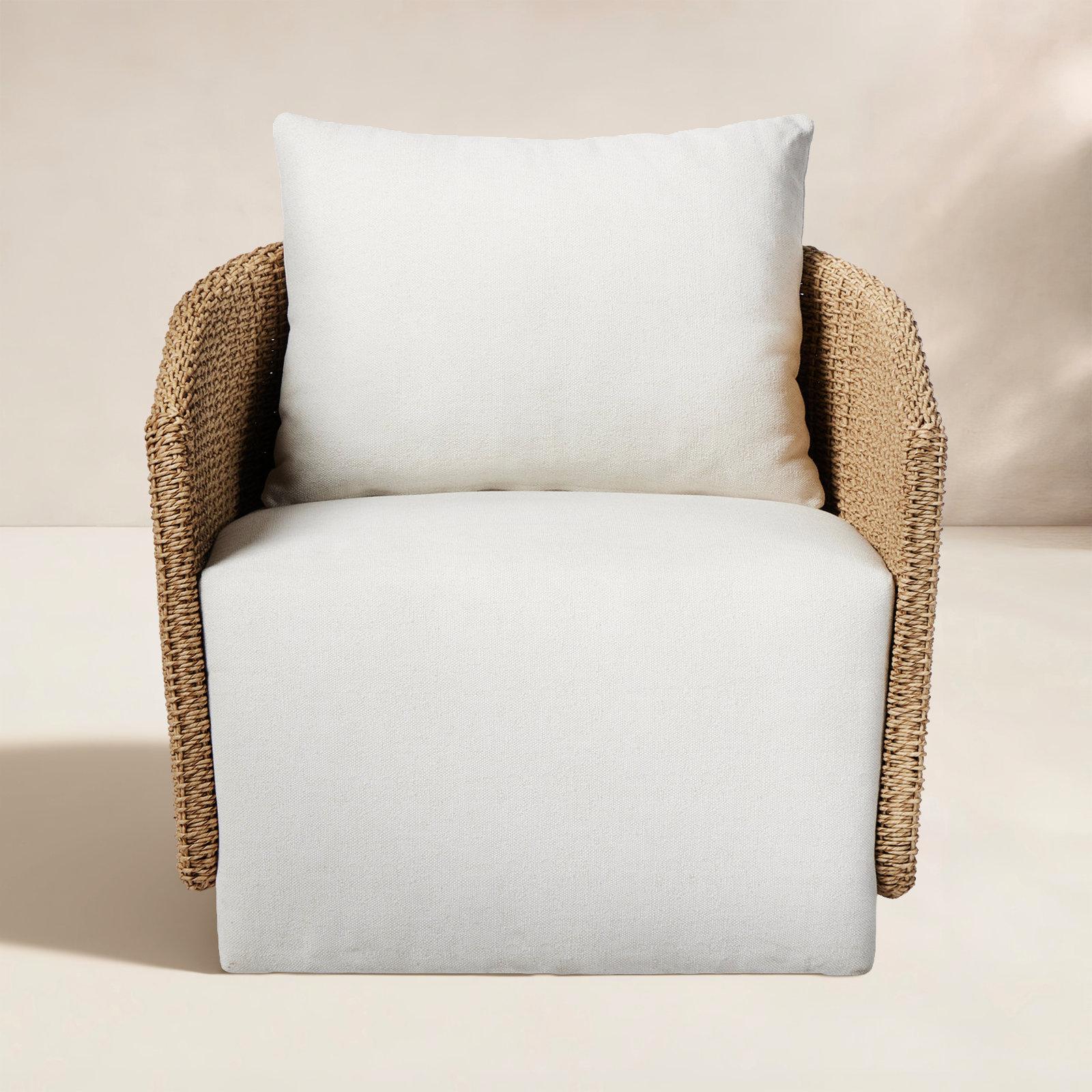 Odyn Swivel Wicker Outdoor Lounge Chair, Alessi Linen, Faux Dark Hyacinth