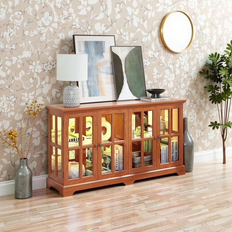 Vitrine en verre avec éclairage DEL et tablettes réglables en verre à 4 portes, Brun