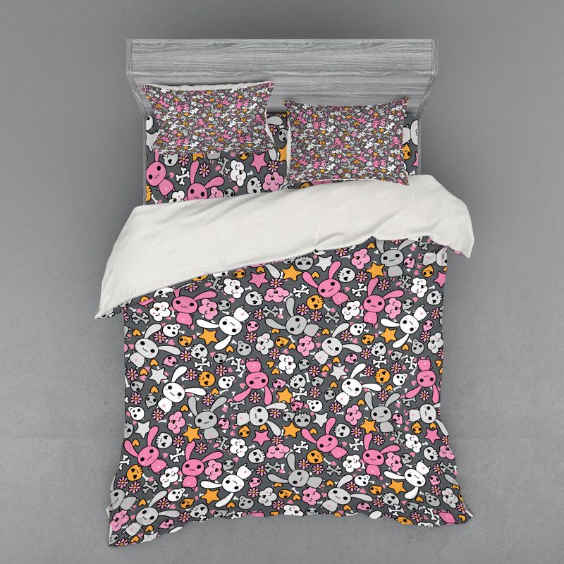 Ensemble de housse de couette en microfibre jaune / rose / gris Doodle, Housse de couette grand + 3 pièces supplémentair