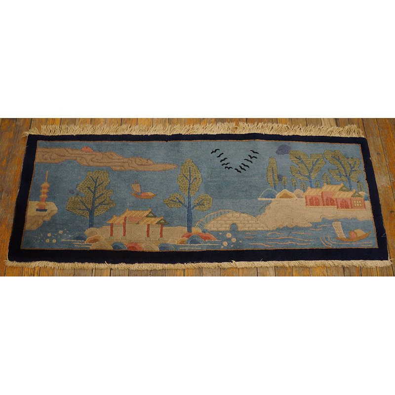 Antique Art Deco Small Scatter Size Wool Blue Rug