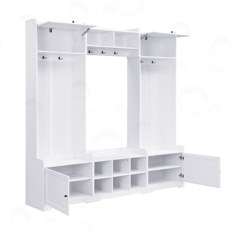 Hall Tree with 8 Cubbies, 7 Coat Hooks and Adjustable Shelf, White