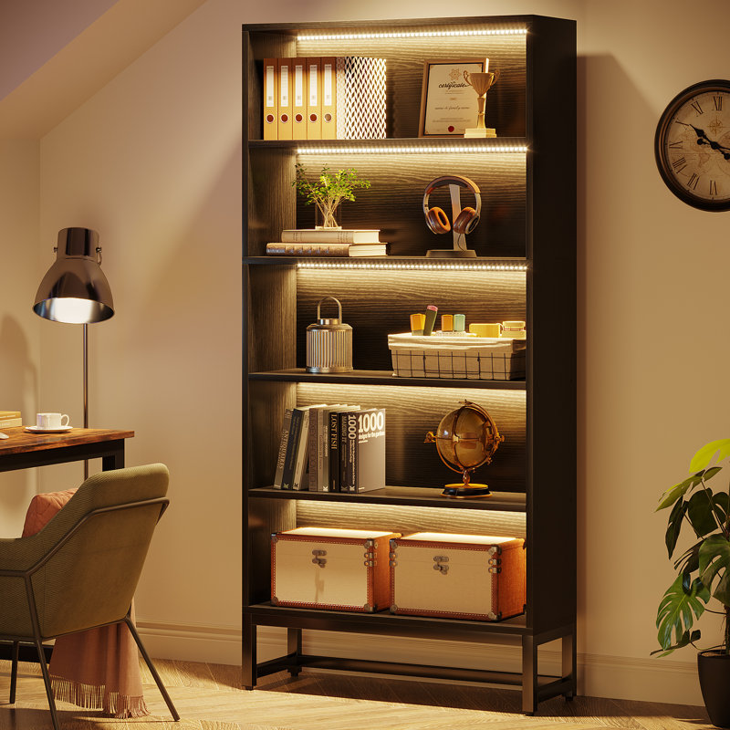 Grogg 70.87" H x 31.5" W Standard Bookcase with LED light Strips, Black