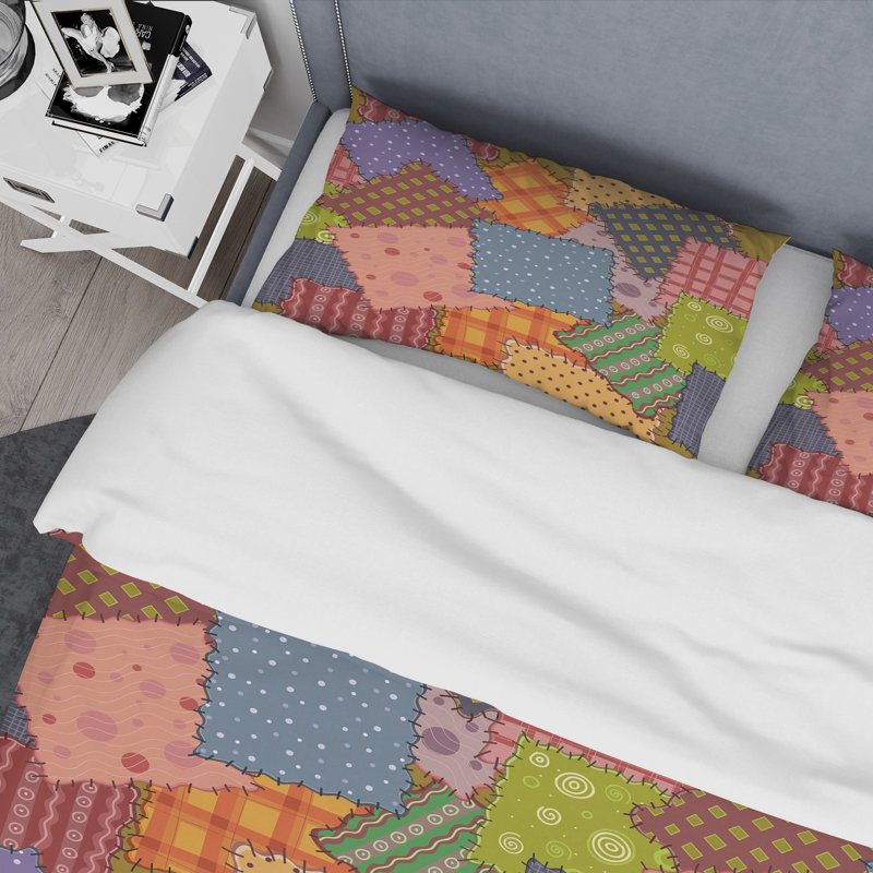 Multicolor Box Patchwork Polyester Patchwork Duvet Cover, Queen Duvet Cover + 2 Standard Shams
