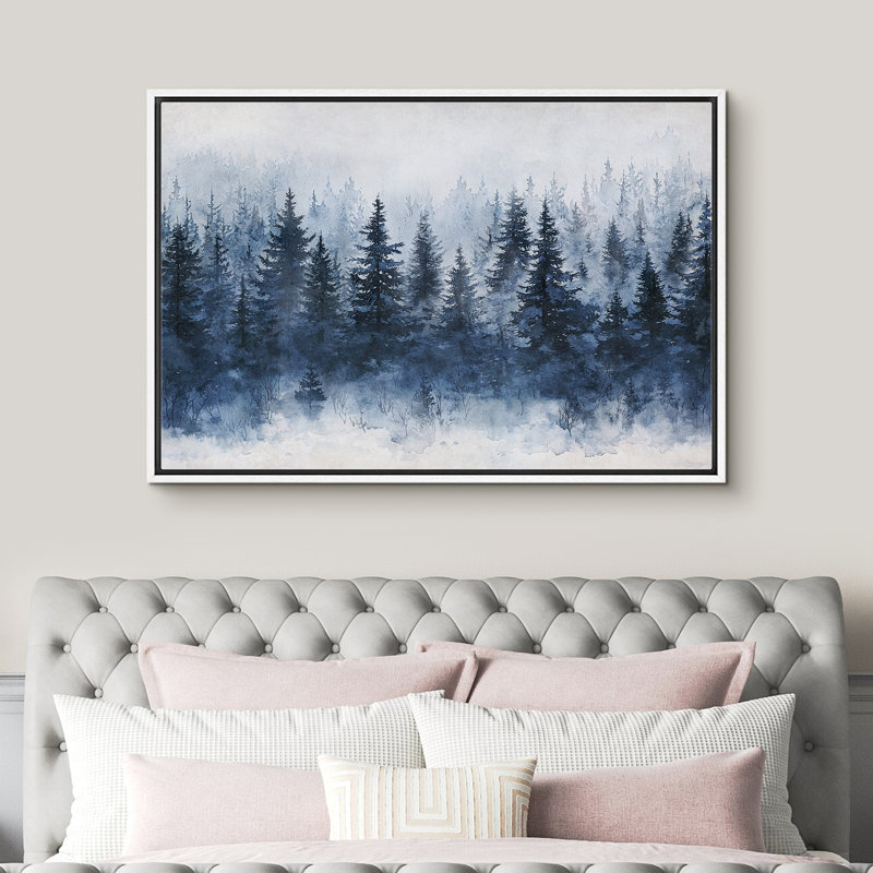 «Woodland Forest Landscape», bleu marine, pin, forêt, paysage, chambre à coucher, Cadre blanc, H 24 po x l 36 po