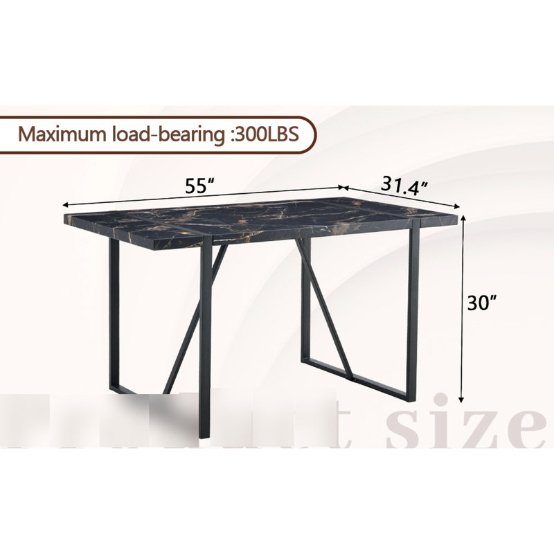 Table de salle à manger rectangulaire, pieds en métal noir, plateau épais de 1,5 po, pour 4 à 6 personnes, bureau, cuisine, table fonctionnelle avec terrasse, 54,63 x 36,12 po, terrasse, pièce