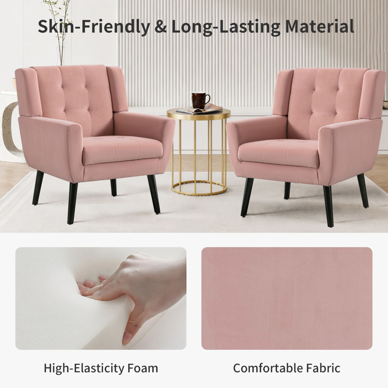 Tufted Upholstered Wide Back Armchair（Set of 2）, Pink Velvet