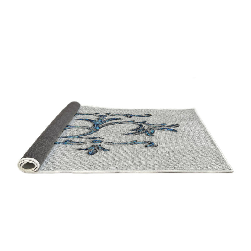 Tapis gris/noir/bleu à motifs, Rond 6 pi