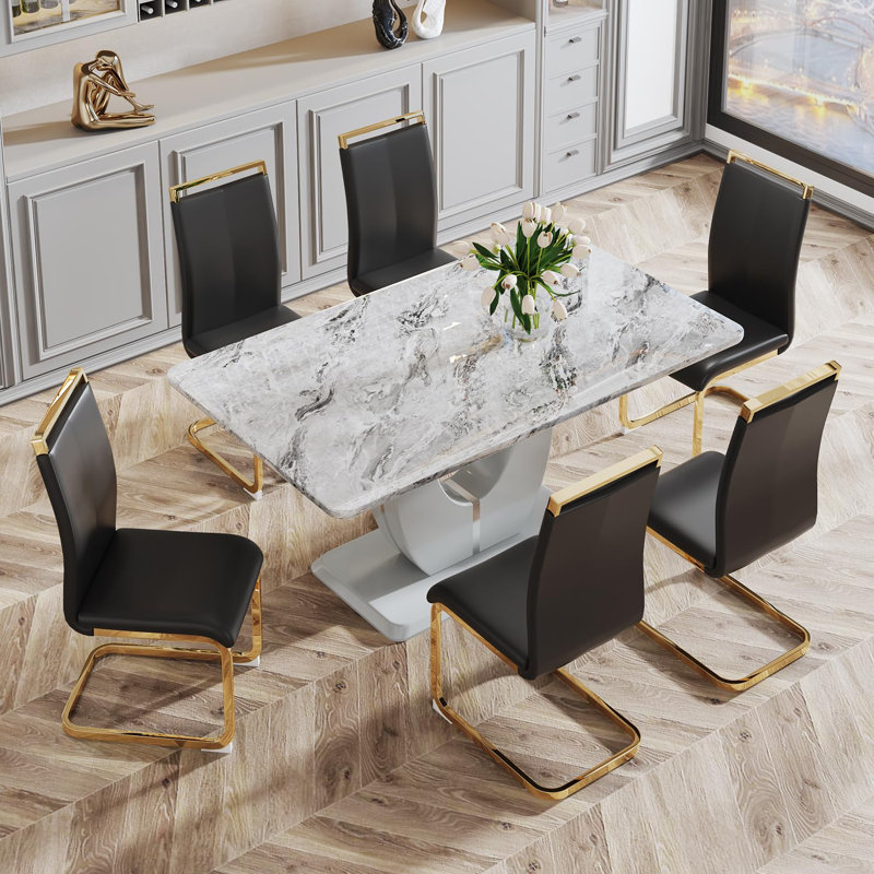 7 Piece - Marbled Dining Table Set, Black/Gold