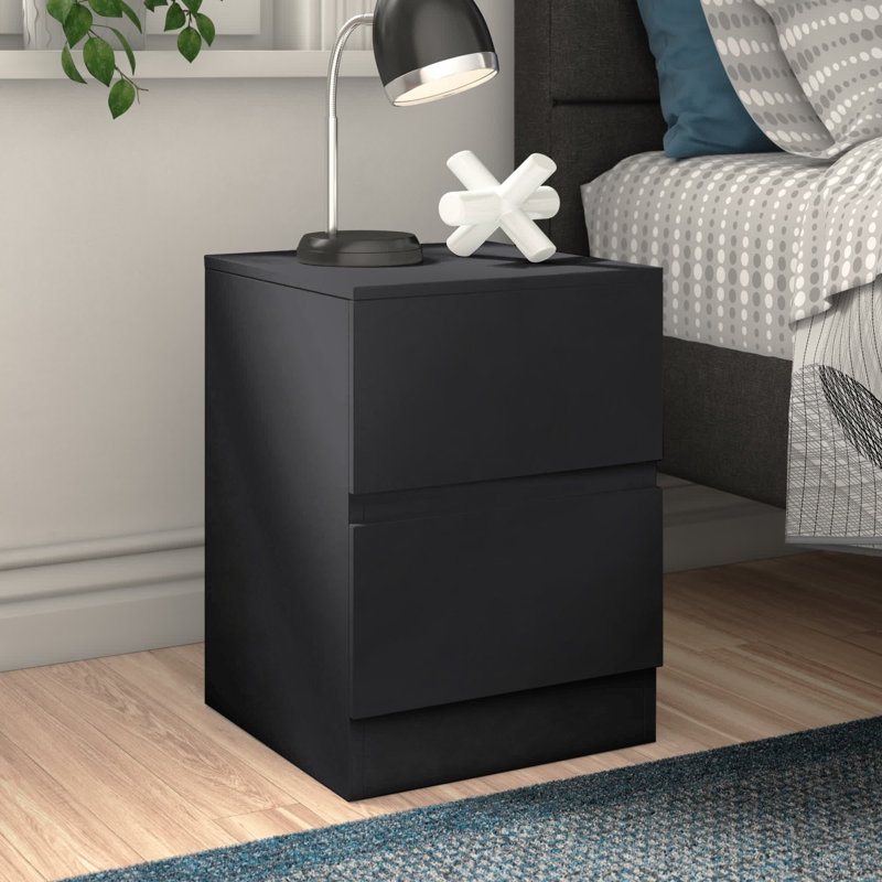Carlton 2 Drawer Bedside Table Nightstand: High Gloss Front. Scratch Resistant. Handleless Design., Black