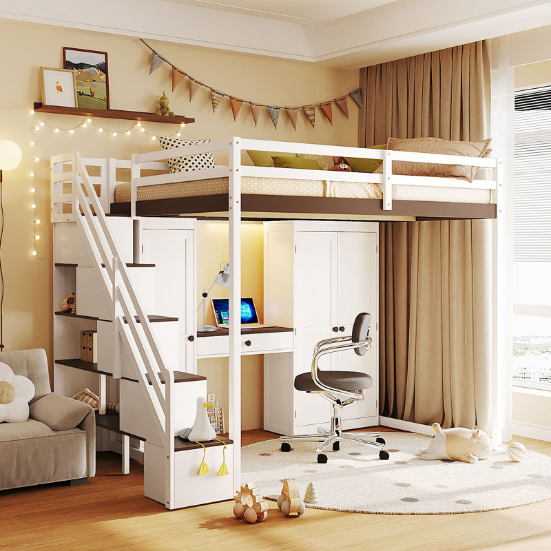 Lit mezzanine avec escalier de rangement, coiffeuse intégrée avec miroir et tiroir, garde-robe et armoires, ports et lumières de chargement USB