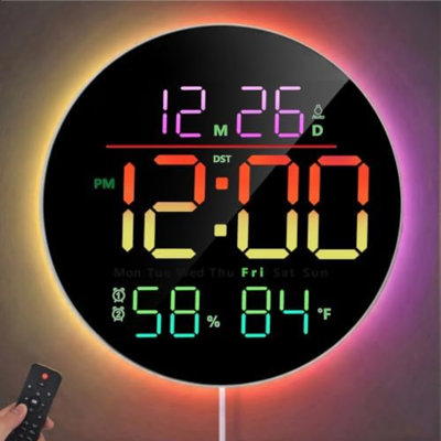 10" Round Digital Wall Clock for Bedroom, 13-Color RGB Model Large LED Display Electric Clocks with Remote for Classroom Home Office Living Room Gym Garage (Adapter Not Included)