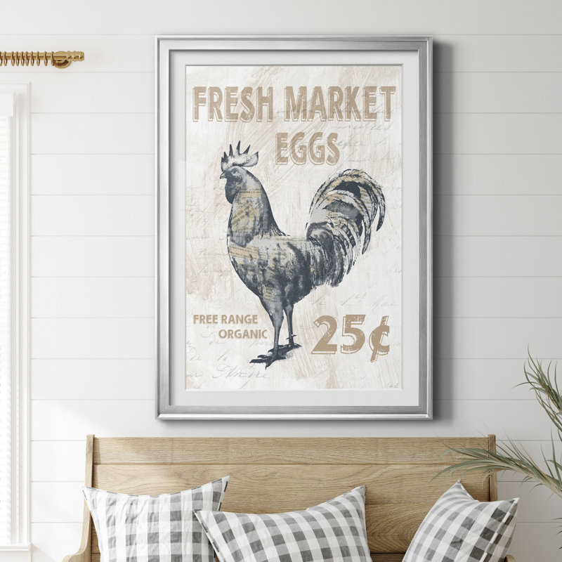 Coq «Fresh Market» - Reproduction d'art graphique sur papier encadré, Papier avec cadre argenté