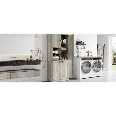 Grande armoire de rangement avec panier rabattable, tablettes réglables et armoires fermées. Pour la salle de bain, le salon, le bureau. Matériau, poignées en alliage d'aluminium, tablettes d'une capacité de 80 lb, panier
