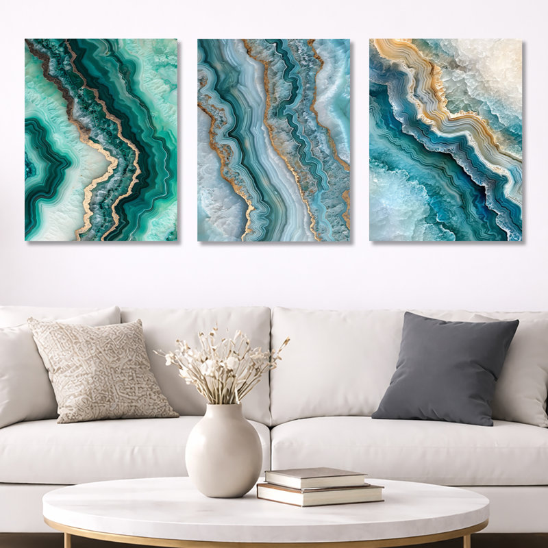 «Agate Dream River III - Green Geode», ensemble de 3 toiles d'art encadrées, H 32 po x l 72 po, Toile tendue