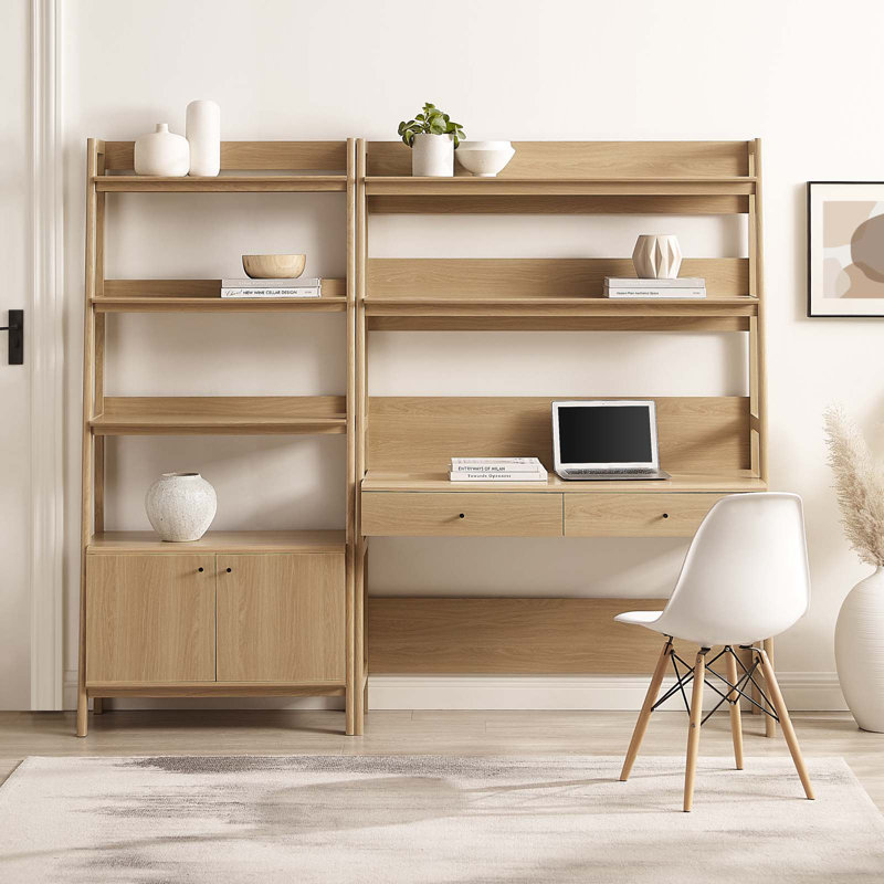Modway Bixby 2-Piece Wood Office Desk and Bookshelf, Oak