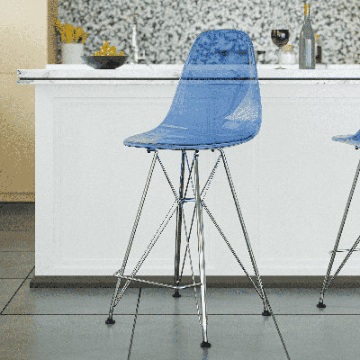 Juhani Modern Clear Acrylic Bar Stool with Chrome Steel Base in Transparent Blue