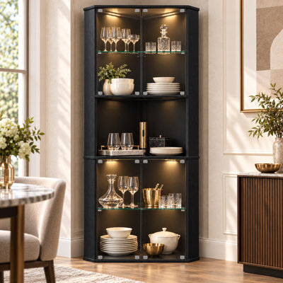 71.6" Corner Display Cabinet With LED Lights, 6-Tier Tall Curio Cabinet With Adjustable Glass Shelves&Glass Door, Wine Cabinet For Living Room, Home Bar (Black)