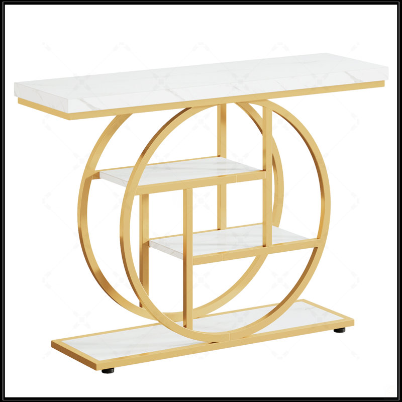 41.3-Inch Industrial Console Table With 4 Tiers, Circle Base, And White & Gold Finish For Modern Living Spaces
