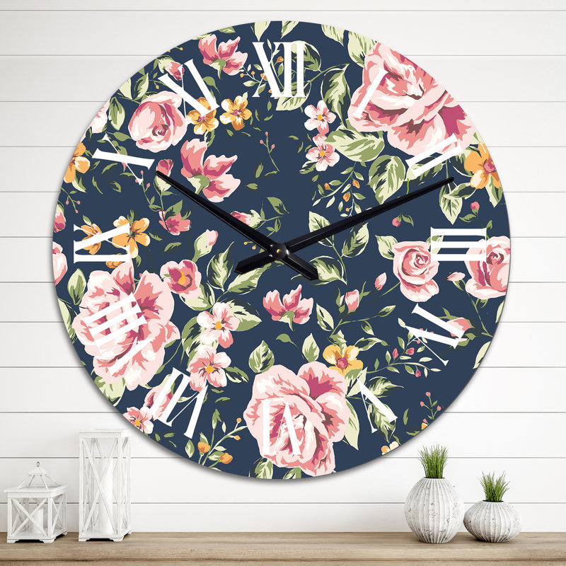 Horloge murale à motif de roses rétro bleu foncé II, Grand