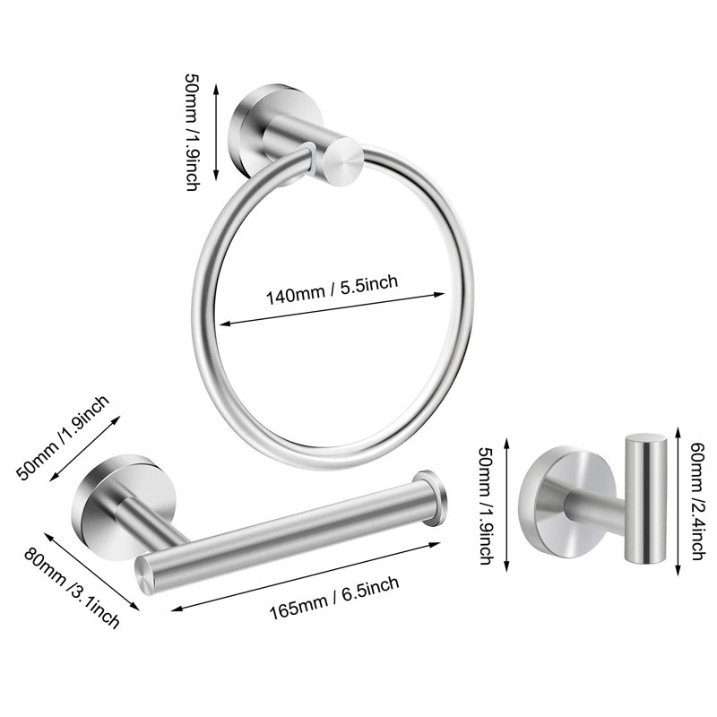 Ensemble d'accessoires de salle de bain 3 pièces comprenant un anneau porte-serviettes, un crochet porte-serviettes et un porte-papier hygiénique, avec matériel de fixation, en acier inoxydable.