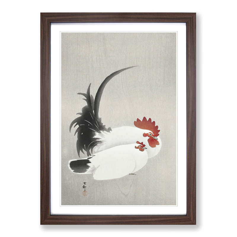 White Rooster & Hen by Ohara Koson - Picture Frame Painting Print, 65cm H x 48cm W x 2cm D, Walnut Framed