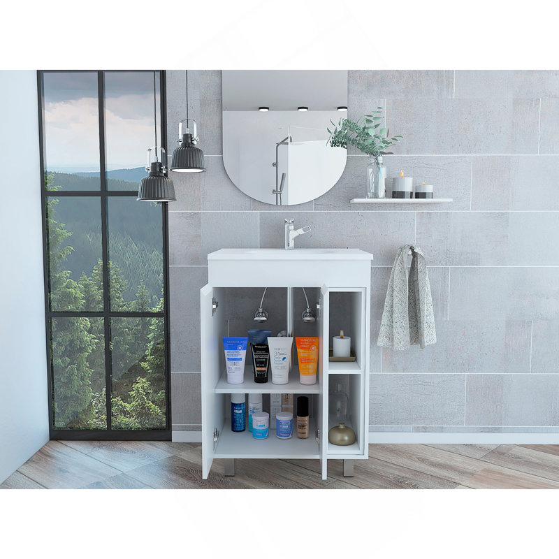 Meuble-lavabo 24 po Meka, deux tablettes extérieures, armoire à deux portes - blanc