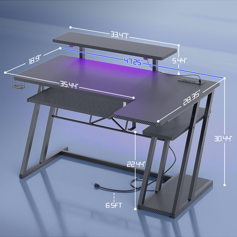 Carbon Fiber Black L-Shaped Gaming Desk with Monitor Stand and LED Lights