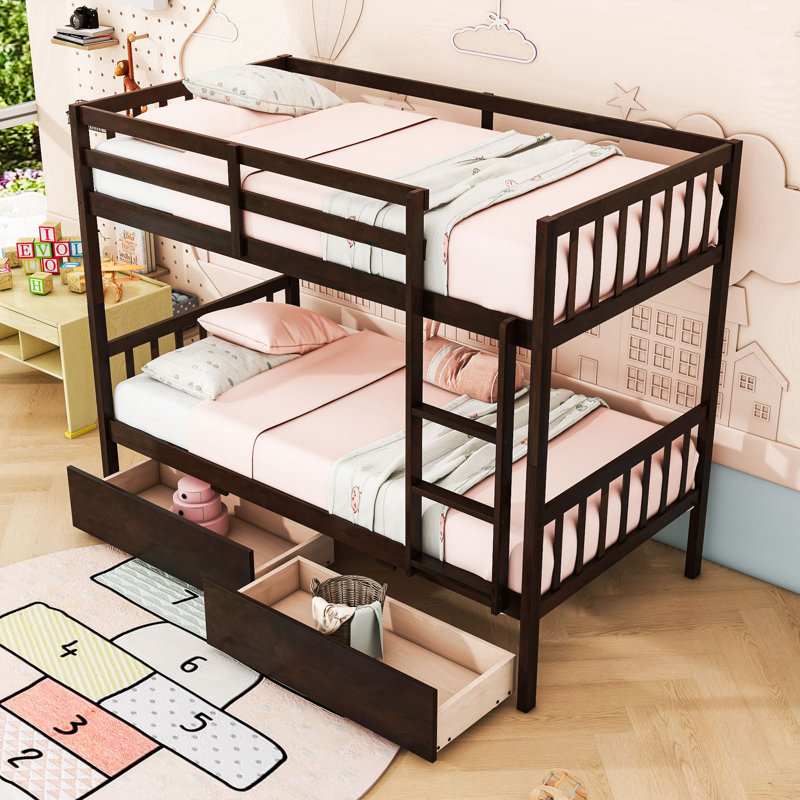 Rubber Wood Bunk Bed With Two Drawers, Twin Over Twin, Espresso