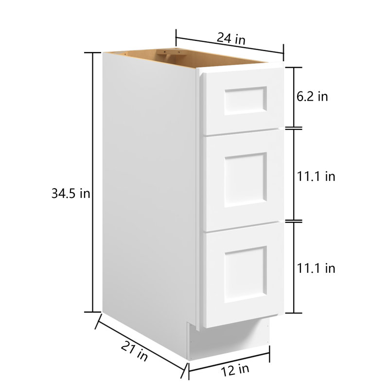 Armoire de base prête à assembler à 3 tiroirs, Blanc shaker, H 34,5 po x l 12 po