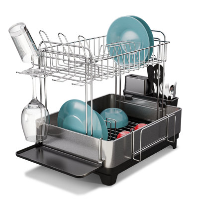 Home Zone Living 2-Tier Stainless Steel Dish Drying Rack with Side Racks and Drain Pipe