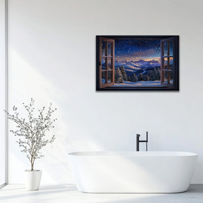 «Winter Wonderland», art mural, vue sur la fenêtre d'hiver, peinture sur toile pour le salon, décoration murale de montagne enneigée pour la chambre à coucher, toile encadrée, cadre en pin, 24 po x 32 po