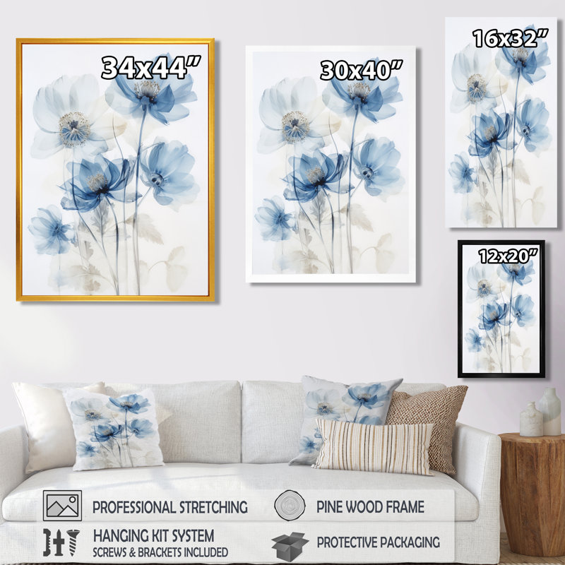 Coquelicots bleus, aquarelle, fleurs sauvages - coquelicot, art mural, Toile tendue, 20" H x 12" W
