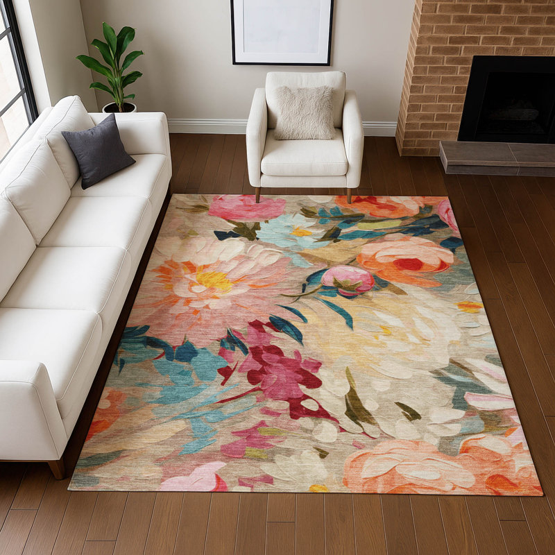 Machine Washable Indoor/Outdoor Jenning ACN2264 Floral Rug, Rectangle 9' x 12'