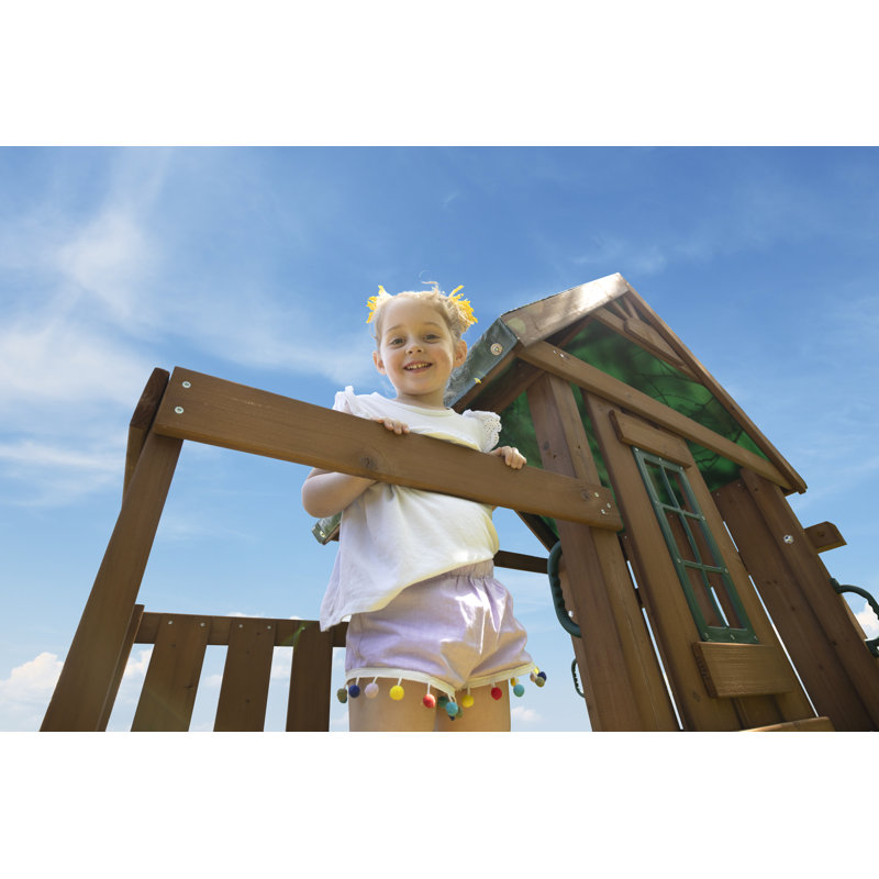 Castlebrook Wooden Swing Set with Yellow Slides and Climbing Wall