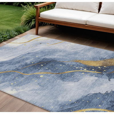 Tapis intérieur lavable abstrait bleu et doré 9 pi x 12 pi