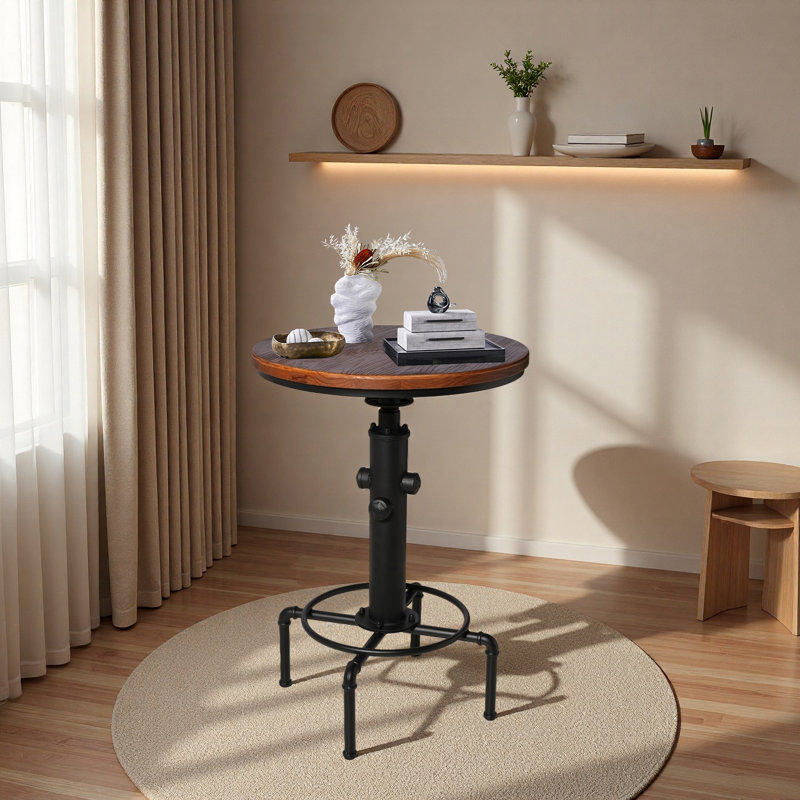 Industrial Bar Table 32.28"-36.22" Height Adjustable Swivel Round Wood Tabletop 23.62" Dia, Kitchen Dining Office Coffee Bistro Pub Table
