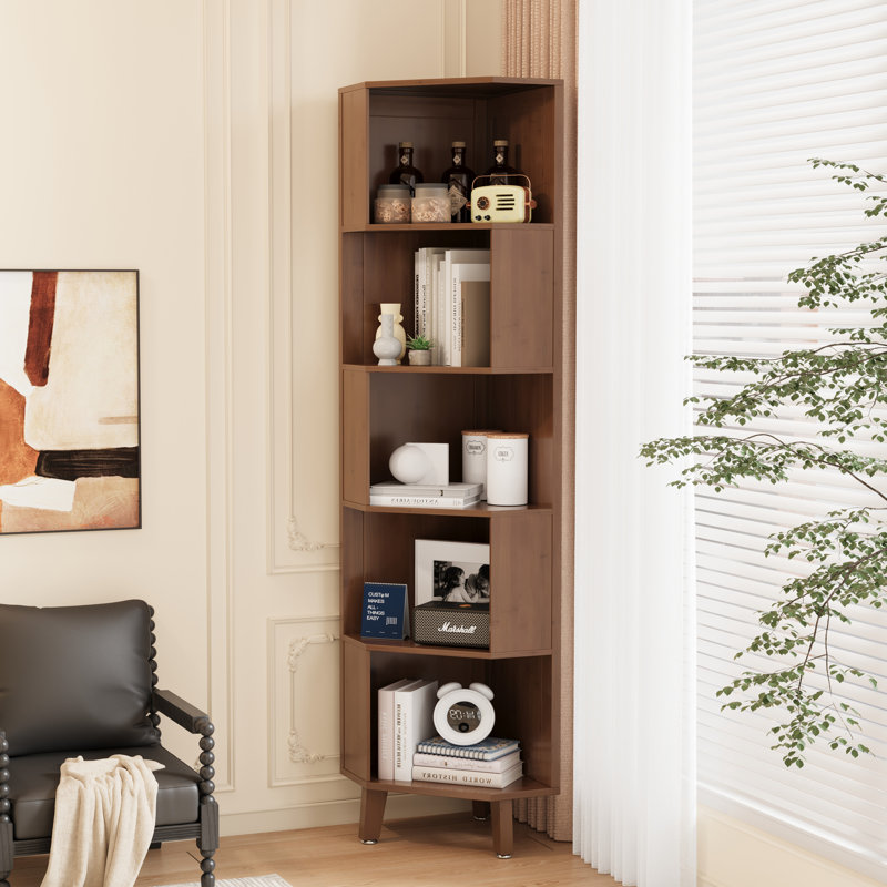 Bibliothèque d'angle en bambou de 181 cm (71,2 po) avec tablette de rangement à 5 niveaux., 5 tablettes