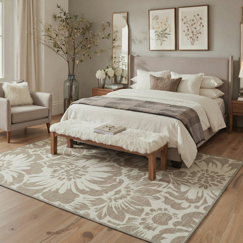 Veridian Floral Machine Washable Yellow / White Indoor Area Rug with Non-Slip Backing, Rectangle 8' x 10'