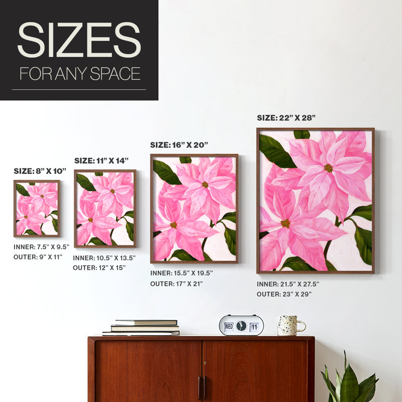Reproduction encadrée néon rose poinsettias II - bois massif, H 11 po x l 9 po, Noyer