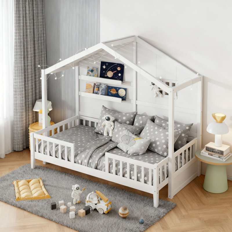 Lit maison avec tablettes, lit maison avec fenêtre et bande lumineuse scintillante sur le toit