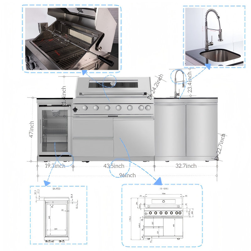 Îlot de cuisine au propane 96 po avec rôtissoire en acier inoxydable 96 po, 85 000 BTU