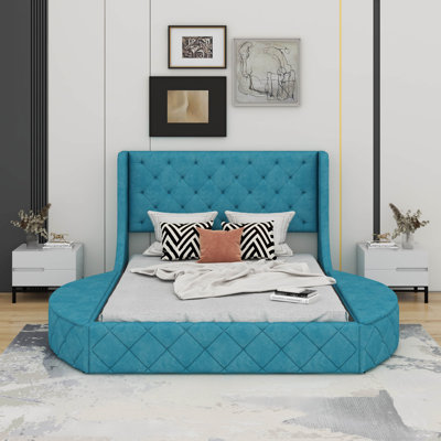 Upholstered Platform Bed Queen Size Storage Velvet Bed With Wingback Headboard And 1 Big Drawer