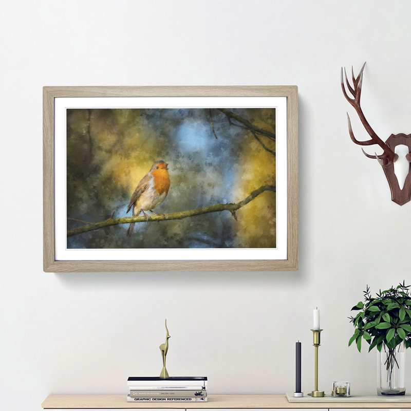 Robin Bird in a Tree - Picture Frame Painting Print, 62cm H x 87cm W x 2cm D, Oak Framed