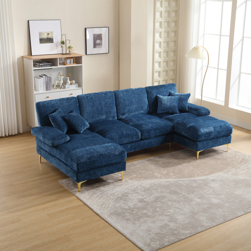 Canapé modulaire moderne en U en chenille, Chenille bleu